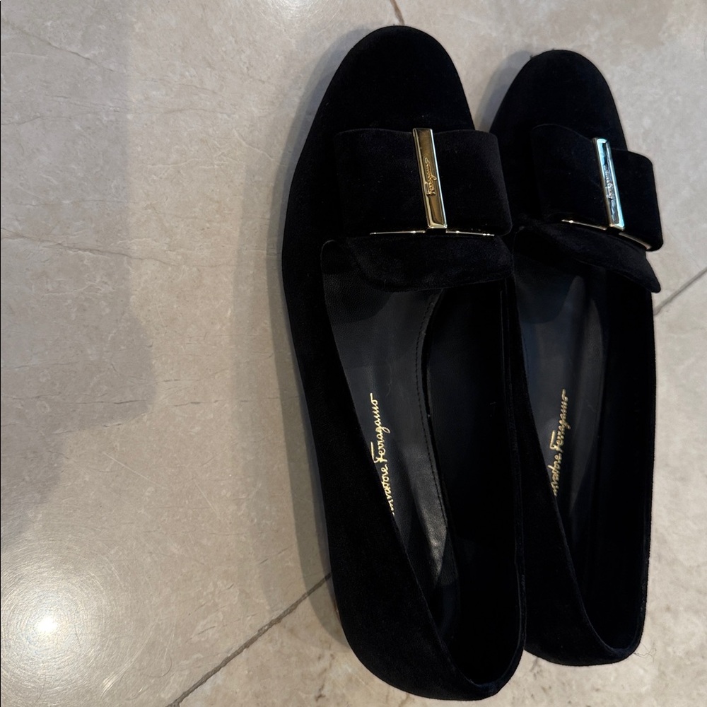 Salvatore Ferragamo Black Velvet Flats with Gold Detail - Picture 4 of 7